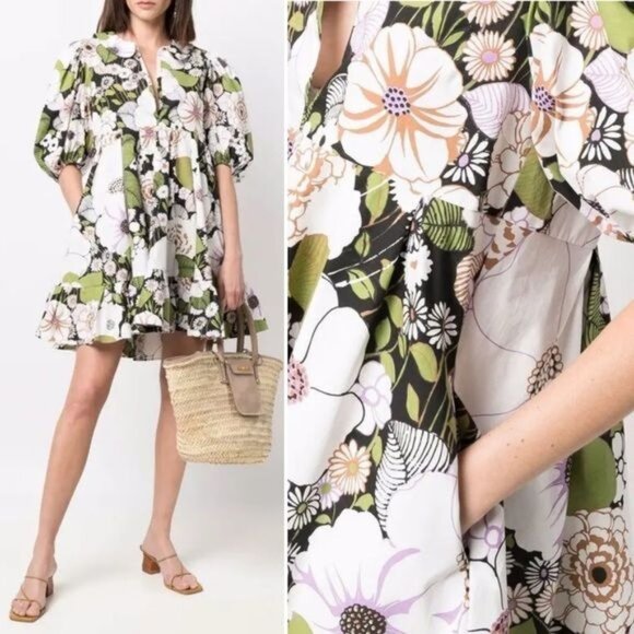 Maje Rafleur Puff Sleeve Floral Poplin Mini Dress 34 Neutral XS Ruffle Vneck - Picture 3 of 16
